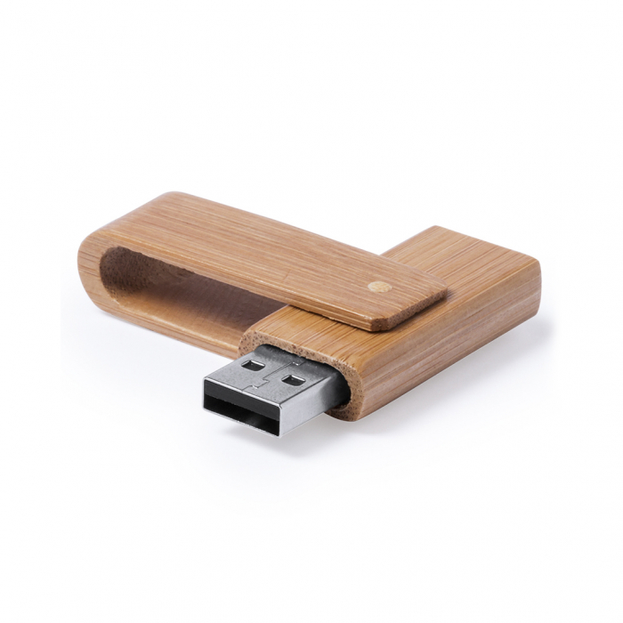 Memorias USB personalizadas de 16GB de capacidad, con mecanismo giratorio y acabado en suave madera de bambú. Presentada en estuche individual de cartón reciclado.