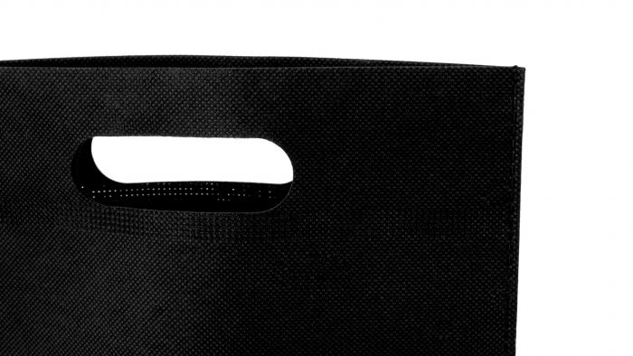 Bolsa Desmond de non-woven de 80g/m2 en color negro especialmente diseñada para calzado veraniego. Bolsas non-woven promocionales personalizadas. Regalos de empresa y corporativos personalizados