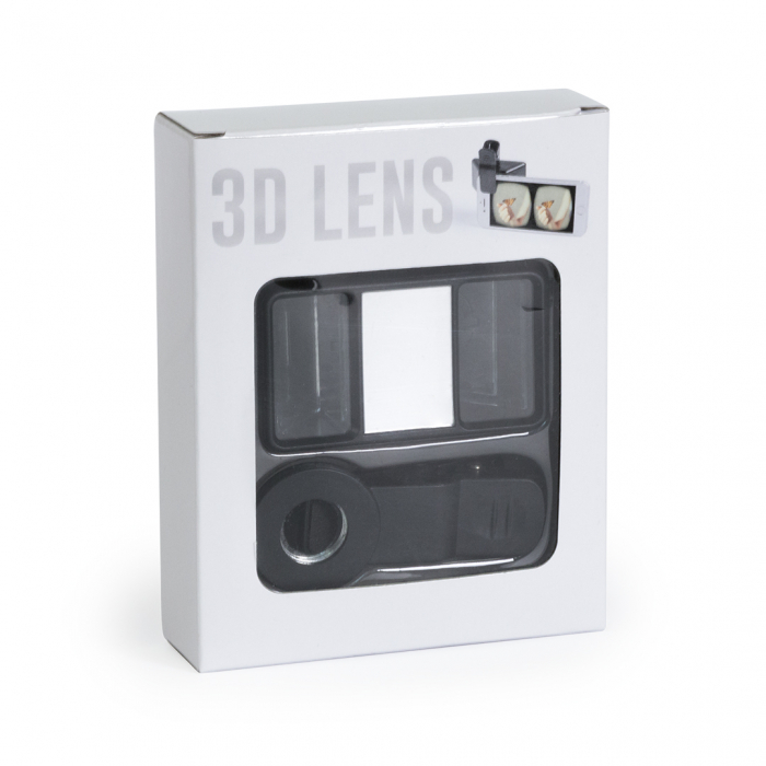 Lente 3D Wills para cámara de smartphone con tecnología 3D que permite grabar vídeos y tomar fotos en formato 3D para posterior visionado en gafas de realidad virtual. Lentes promocionales personalizadas. Regalos de empresa y corporativos personalizados