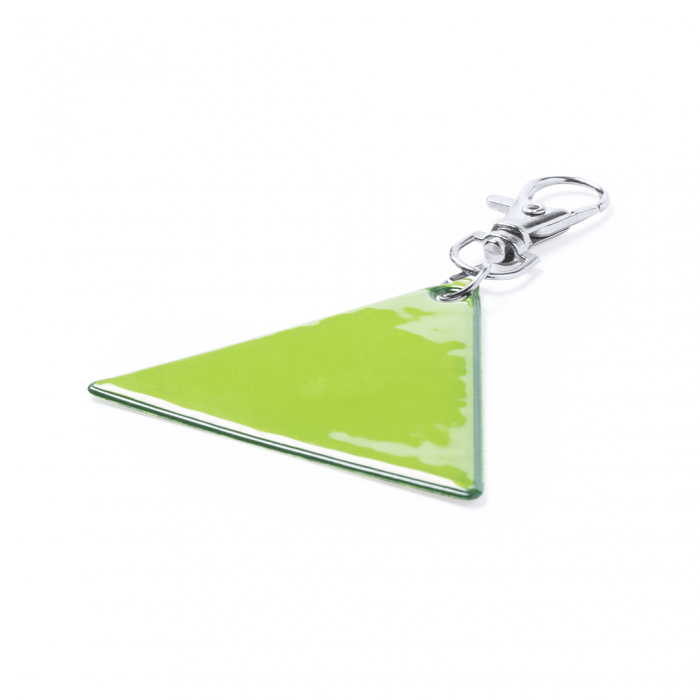 Llavero Koreflec de diseño triangular en PVC reflectante de alta visibilidad y con cierre mosquetón. Llaveros reflectantes promocionales personalizados. Regalos de empresa y corporativos personalizados