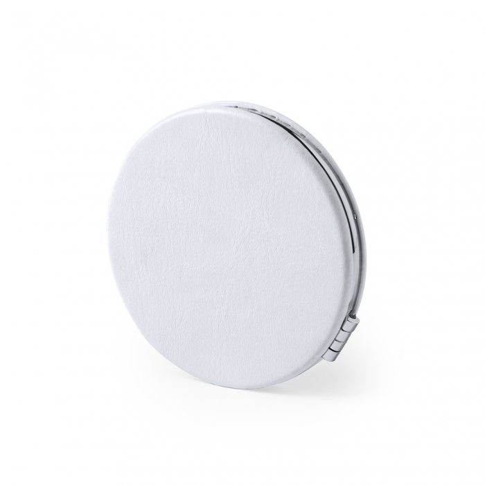 Espejo Plumiax plegable en elegante acabado de polipiel blanca. Espejos promocionales personalizados. Regalos de empresa y corporativos personalizados