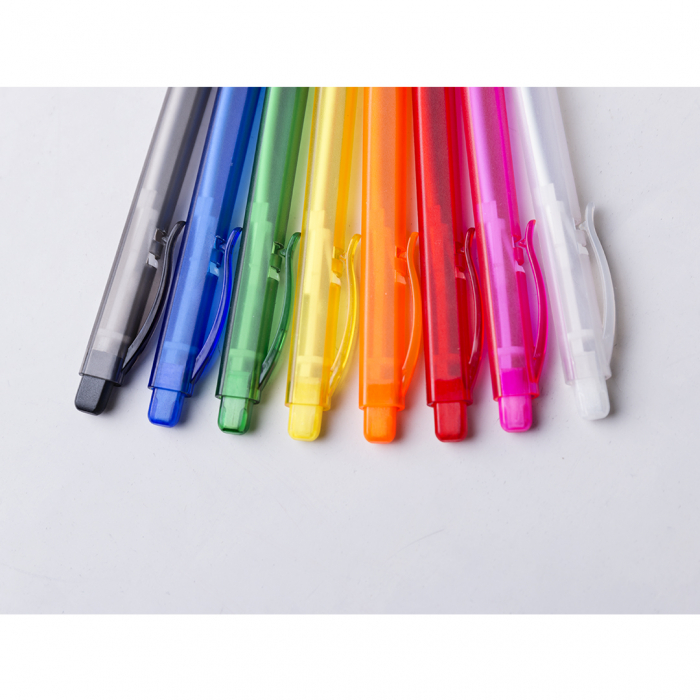 Bolígrafo Dafnel con cuerpo rectangular de acabado translúcido monocolor. Bolígrafos baratos promocionales personalizados. Regalos de empresa y corporativos personalizados