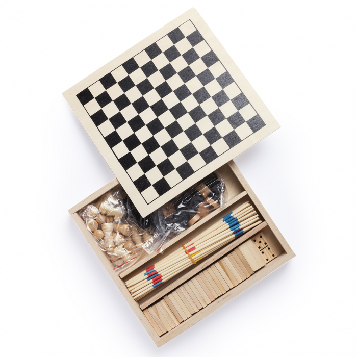 Set Juegos Xigral en madera. Incluye mikado, ajedrez, damas y dominó. Sets juegos promocionales personalizados. Regalos de empresa y corporativos personalizados