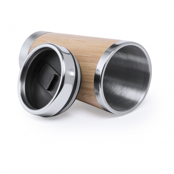 Vaso Térmico Ariston de 500 ml en línea nature con interior en acero inox y parte exterior en madera de bambú. Vasos térmicos promocionales personalizados. Regalos de empresa y corporativos personalizados