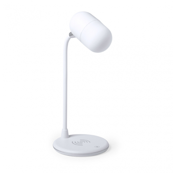 Lámpara Multifunción Lerex multifunción todo en uno en acabado blanco, con altavoz Bluetooth® 4.2 de 3W de potencia y cargador inalámbrico integrados. Lamparás promocionales personalizadas. Regalos de empresa y corporativos personalizados