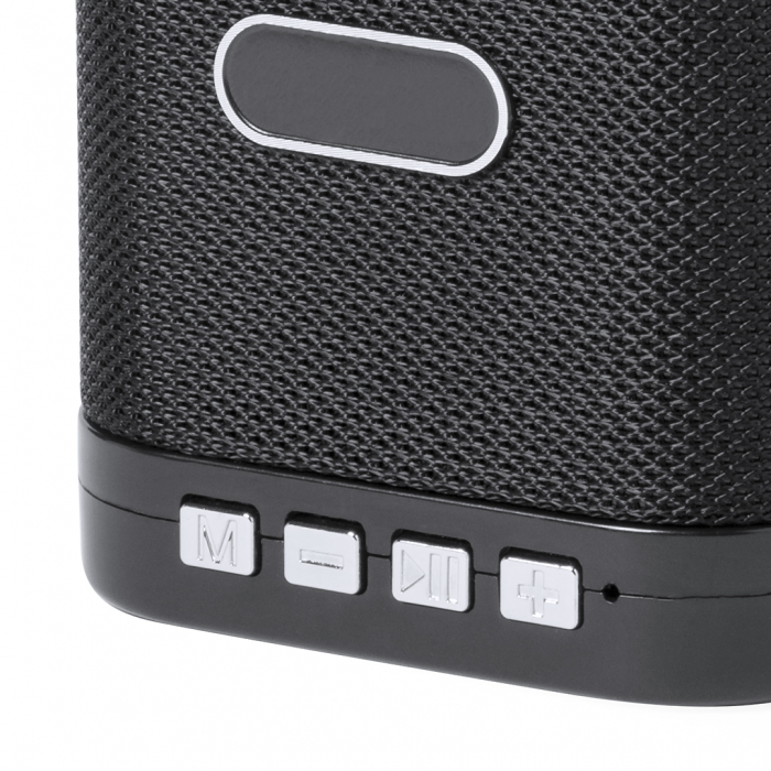 Altavoz Brenner de conexión Bluetooth® en elegante acabado de color negro con accesorios en plateado. Altavoces Bluetooth promocionales personalizados. Regalos de empresa y corporativos personalizados