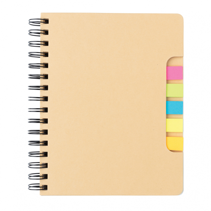 Libreta espiral A5 Kraft con notas adhesivas. Cuadernos A5 con diferentes notas adhesivas promocionales personalizados. Regalos de empresa y corporativos personalizados.