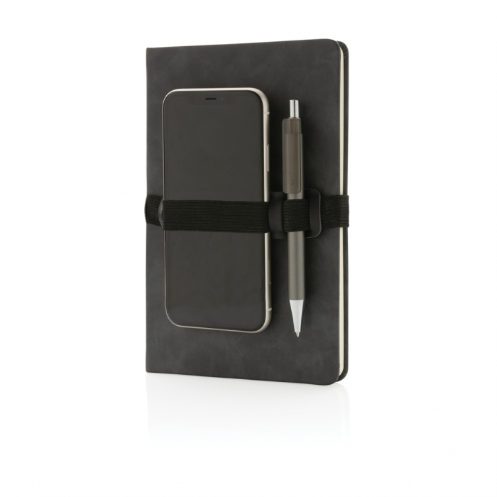 Cuaderno A5 de PU de tapa dura con soporte para teléfono. Blocs de notas A5 promocionales personalizados. Regalos de empresa y corporativos personalizados.