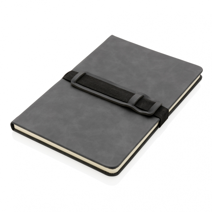 Cuaderno A5 de PU de tapa dura con soporte para teléfono. Blocs de notas A5 promocionales personalizados. Regalos de empresa y corporativos personalizados.