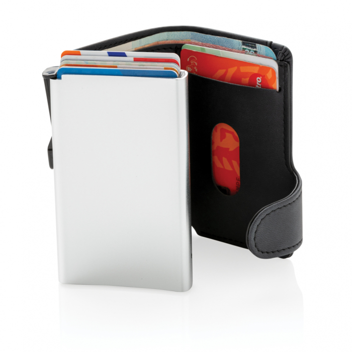 Tarjetero RFID de aluminio estándar con billetera de PU. Tarjeteros carteras de aluminio promocionales personalizados. Regalos de empresa y corporativos personalizados.