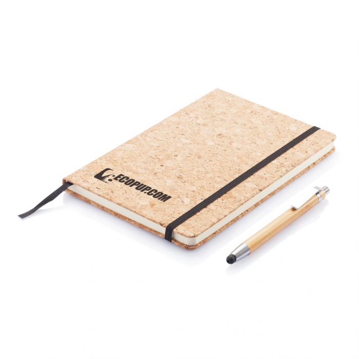 Libreta A5 con bolígrafo touch de bambú. Blocs A5 tapas de rocho y bolígrafos de bambú personalizados. Regalos de empresa y corporativos personalizados.