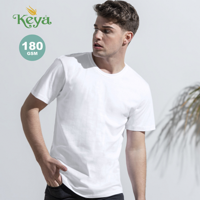 Camiseta Adulto Blanca keya MC180 en material 100% algodón de 180g/m2. Camisetas manga corta promocionales personalizadas. Regalos de empresa y corporativos personalizados