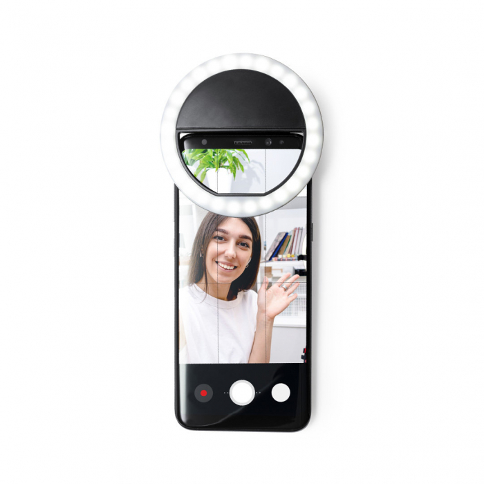 Anillo de Luz Picmont con acople para smartphone, fabricado en resistente ABS. Anillos de luz para móviles promocionales personalizados. Regalos de empresa y corporativos personalizados.