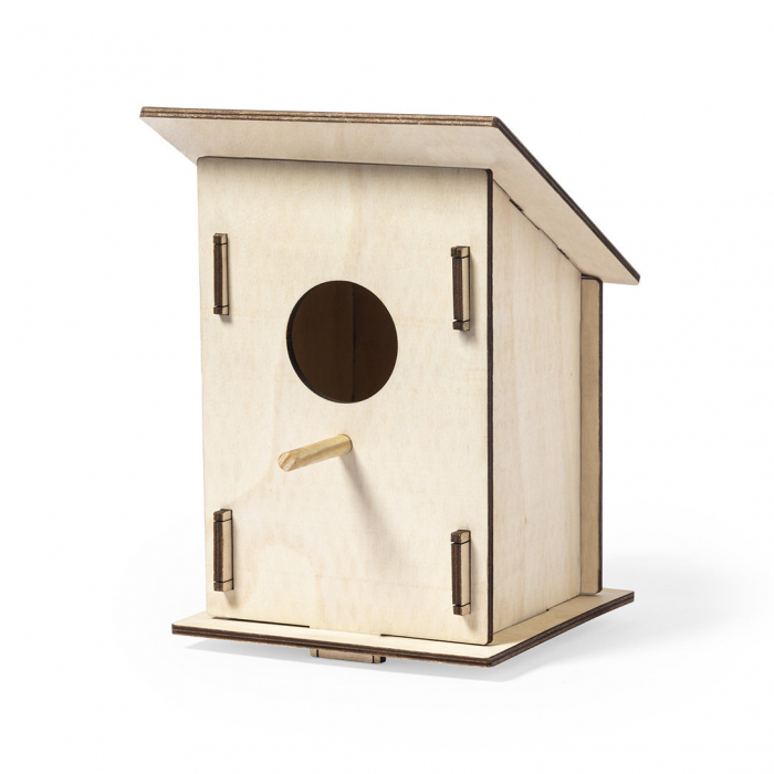 Caseta Pájaro Pecker en madera de 4mm de grosor. Casetas para pájaros promocionales personalizadas. Regalos de empresa y corporativos personalizados.