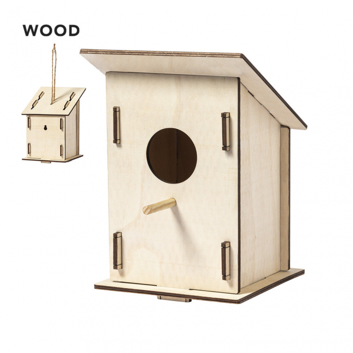 Caseta Pájaro Pecker en madera de 4mm de grosor. Casetas para pájaros promocionales personalizadas. Regalos de empresa y corporativos personalizados.