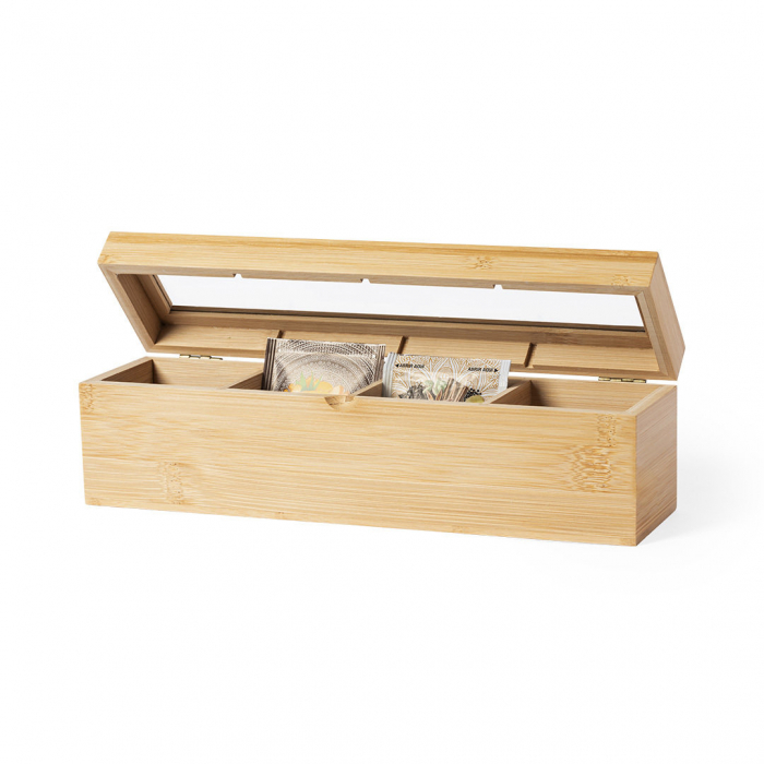 Caja Té Zirkony para té de línea nature, fabricada en bambú, con cristal en tapa. Incluye 4 compartimentos para almacenar distintos tipos de té. Cajas de te promocionales personalizadas. Regalos de empresa y corporativos personalizados