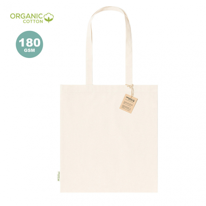 Bolsa Fizzy fabricada en material100% algodón orgánico de 180g/m2 y en tono natural. Bolsas tote bag asas medianas promocionales personalizadas. Regalos de empresa y corporativos personalizados