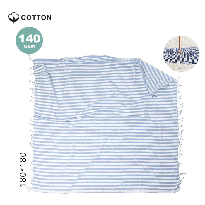 Esterilla Buzzer de diseño bicolor, fabricada en material 100% algodón de 140g/m2, con orificio en el centro para la sombrilla de la playa. Esterillas de playa promocionales personalizadas. Regalos de empresa y corporativos personalizados