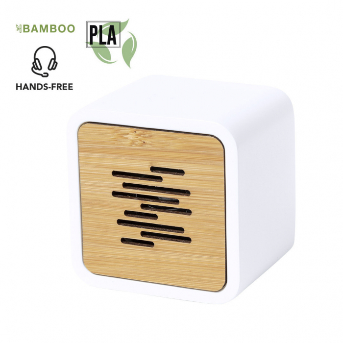 Altavoz Pixie de línea nature y conexión Bluetooth® 5.0. Fabricado en combinación de bambú y PLA -Ácido PoliLáctico-. Altavoces ecológicos promocionales personalizados. Regalos de empresa y corporativos personalizados