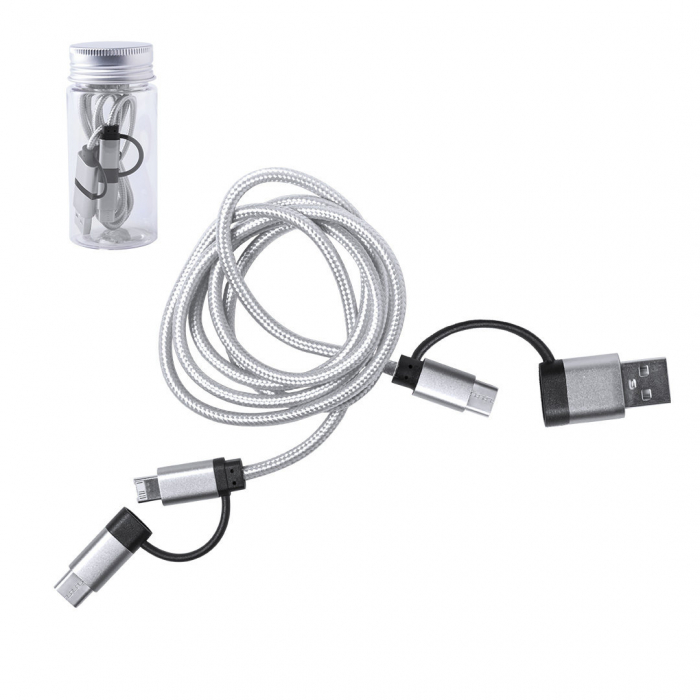 Cable Cargador Trentex con conexión dual micro USB/Lightning y tipo C (entrada y salida). Cables cargadores para marcaje en láser. Regalos de empresa y corporativos personalizados