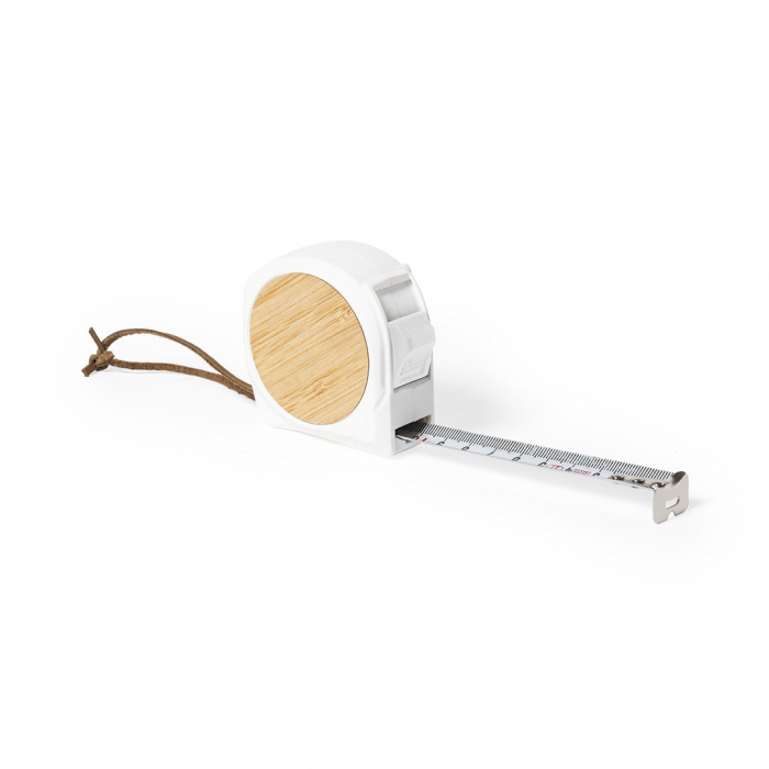 Flexómetro Hermy 5m de línea nature, fabricado en combinación de bambú y ABS con tacto goma. Flexometros promocionales personalizados. Regalos de empresa y corporativos personalizados