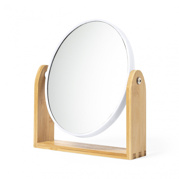 Espejo Rinoco de sobremesa de línea nature fabricado en bambú. Con dos espejos (1X y 3X). Espejos sobremesa promocionales personalizados. Regalos de empresa y corporativos personalizados