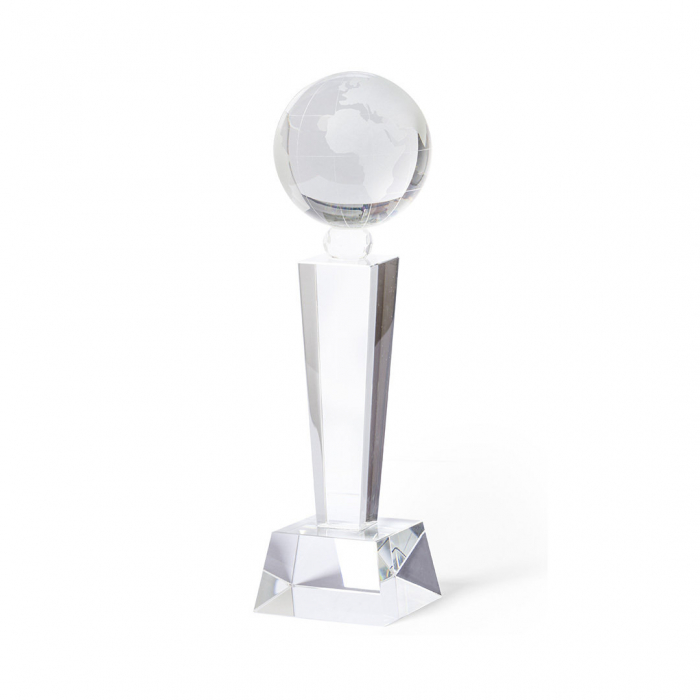 Trofeo Nigrum de grueso cristal con diseño mundo y resistente base. Trofeos de cristal promocionales personalizados. Regalos de empresa y corporativos personalizados
