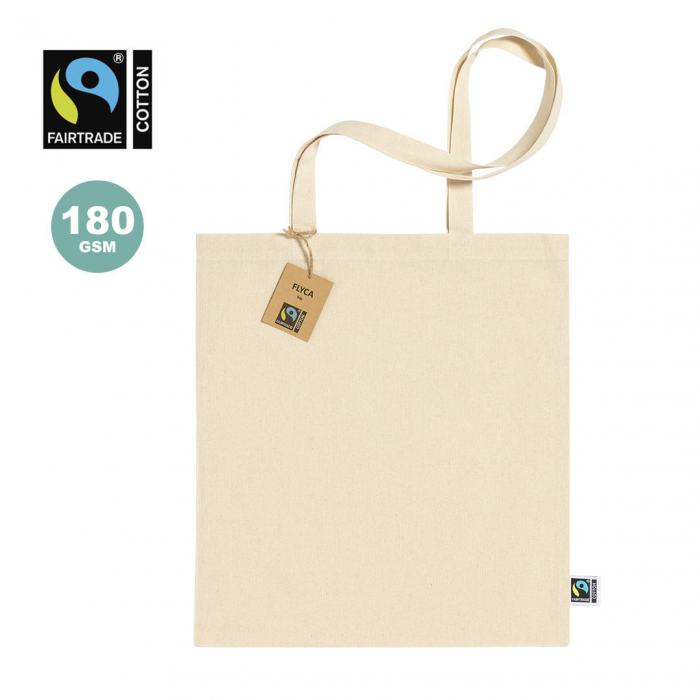 Bolsa Flyca Fairtrade de línea nature, fabricada en 100% algodón de 180g/m2 en tono natural. Bolsas compra de comercio justo promocionales personalizadas. Regalos de empresa y corporativos personalizados
