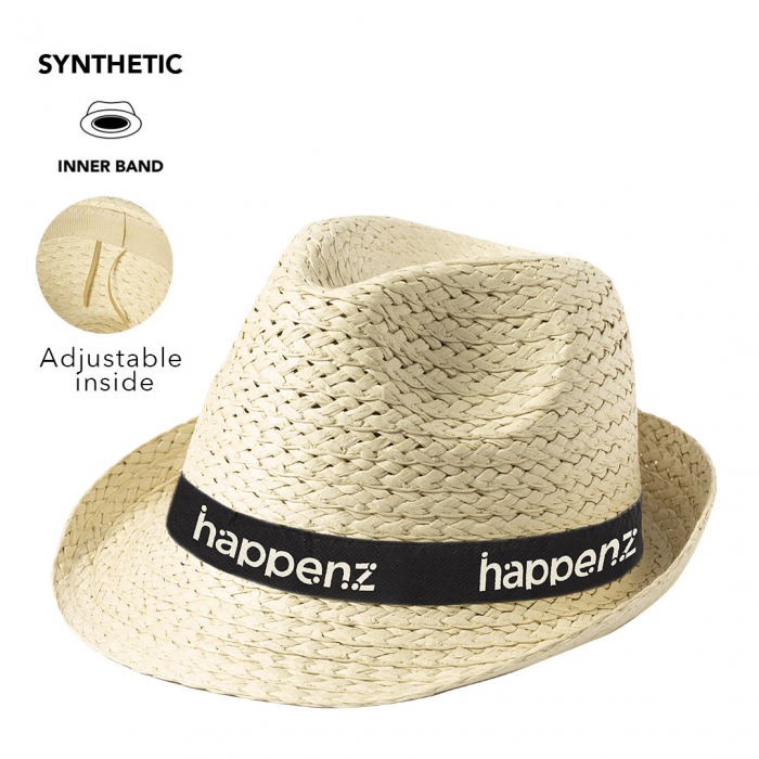 Sombrero Gretel de alta calidad en material sintético y acabado natural. Sombreros veraniegos ajustables promocionales personalizados. Regalos de empresa y corporativos personalizados.