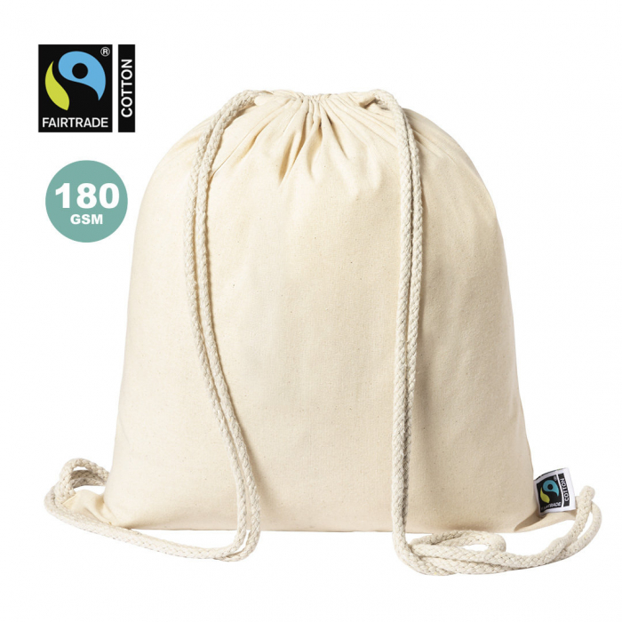 Mochila Sanfer Fairtrade de cuerdas de línea nature, fabricada en 100% algodón de 180g/m2 en tono natural. Mochilas de cuerdas promocionales personalizadas. Regalos de empresa y corporativos personalizados