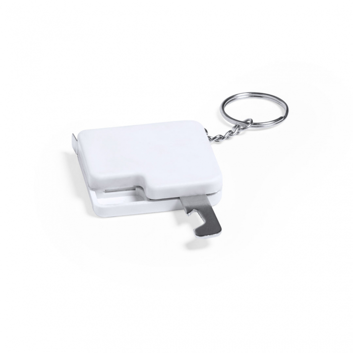 Flexómetro Abridor Liam 1m en resistente ABS blanco, con abridor metálico integrado en cuerpo. Flexómetros promocionales personalizados, Regalos de empresa y corporativos personalizados
