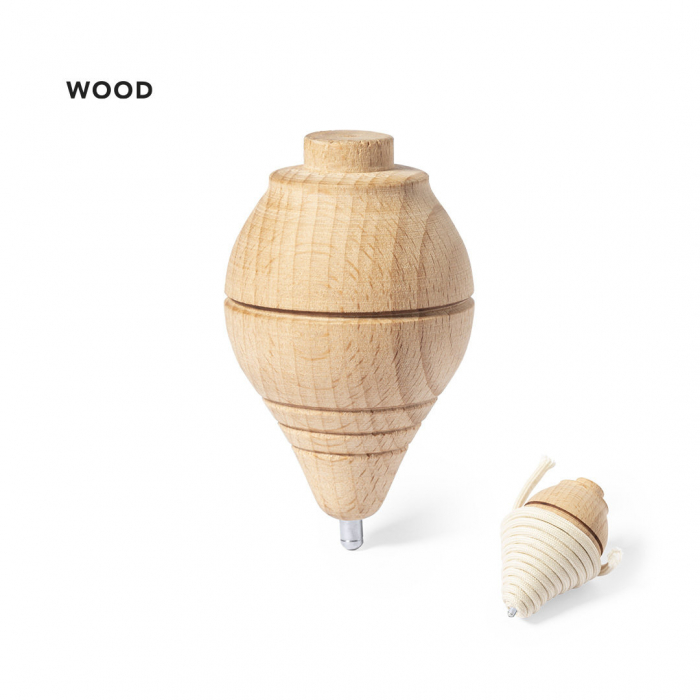 Peonza Gupy fabricada en resistente madera maciza, con cuerda en algodón de 120 cm de largo. Peonzas promocionales personalizadas. Regalos de empresa y corporativos personalizados