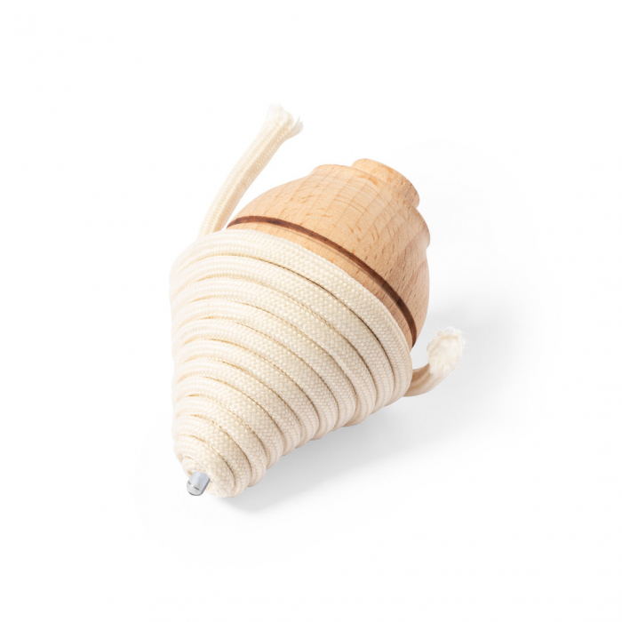 Peonza Gupy fabricada en resistente madera maciza, con cuerda en algodón de 120 cm de largo. Peonzas promocionales personalizadas. Regalos de empresa y corporativos personalizados
