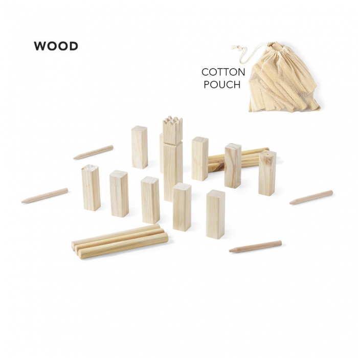 Juego Kazama ancestral de kubb fabricado en resistente madera natural de pino. Juegos promocionales personalizados. Regalos de empresa y corporativos personalizados