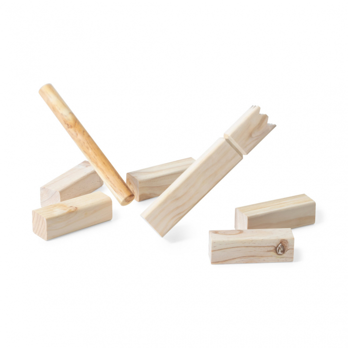 Juego Kazama ancestral de kubb fabricado en resistente madera natural de pino. Juegos promocionales personalizados. Regalos de empresa y corporativos personalizados