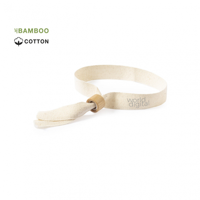 Pulsera Bosgo de línea nature fabricada en resistente algodón 100%, con cierre de seguridad unidireccional en bambú. Pulseras eventos promocionales personalizadas. Regalos de empresa y corporativos personalizados