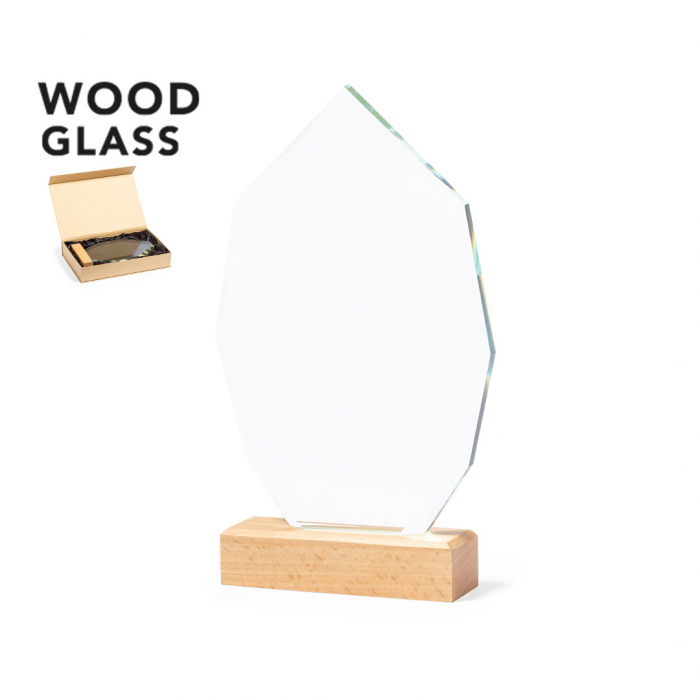 Placa Pulman conmemorativa fabricada en cristal grueso y resistente, con base en madera natural. Placas conmemorativas promocionales personalizadas. Regalos de empresa y corporativos personalizados