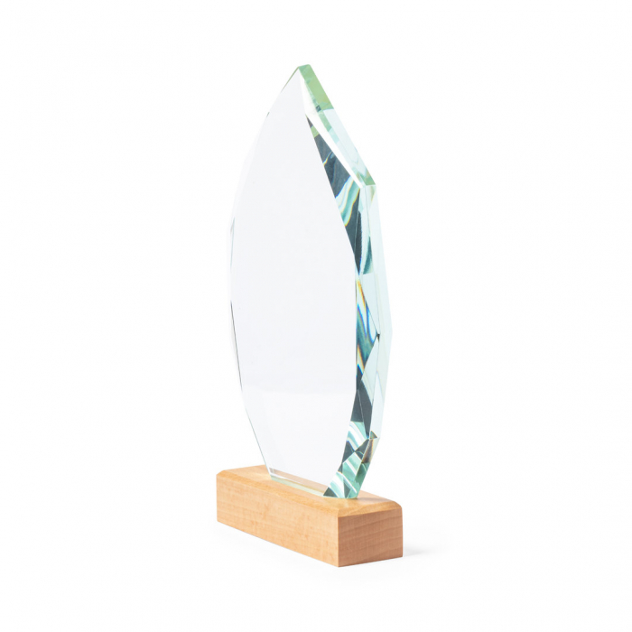 Placa Pulman conmemorativa fabricada en cristal grueso y resistente, con base en madera natural. Placas conmemorativas promocionales personalizadas. Regalos de empresa y corporativos personalizados