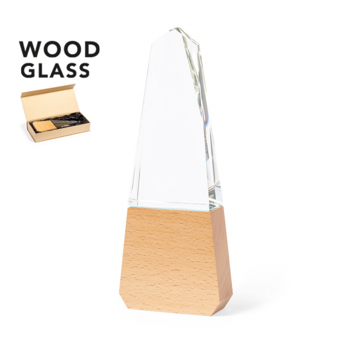 Placa Bersix conmemorativa fabricada en cristal grueso y resistente, con base en madera natural. Placas conmemorativas promocionales personalizadas. Regalos de empresa y corporativos personalizados