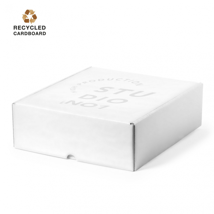 Caja Presentación Magdus tamaño XL fabricada en cartón reciclado corrugado de acabado blanco. Cajas cartón promocionales personalizadas. Regalos de empresa y corporativos personalizados