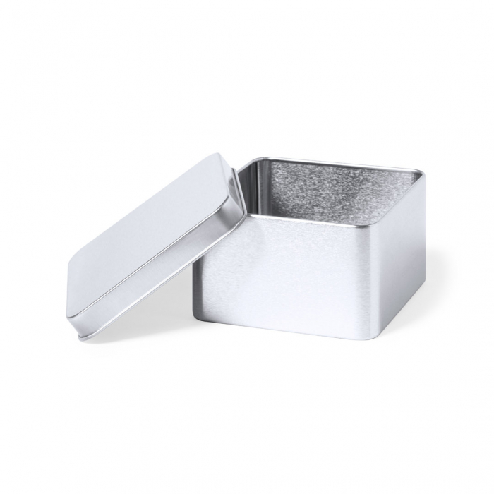 Caja Presentación Topak formato cuadrado, fabricada en resistente metal de acabado plateado y con tapa a juego. Cajas metálicas promocionales personalizadas. Regalos de empresa y corporativos personalizados