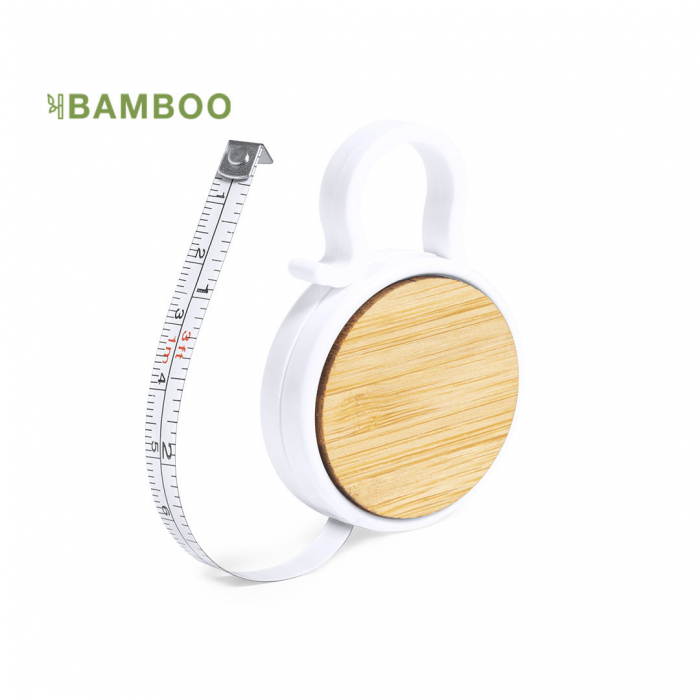 Flexómetro Lusim 1m en resistente ABS blanco, con detalle en bambú en el cuerpo y anilla de transporte. Flexómetros promocionales personalizados. Regalos de empresa y corporativos personalizados