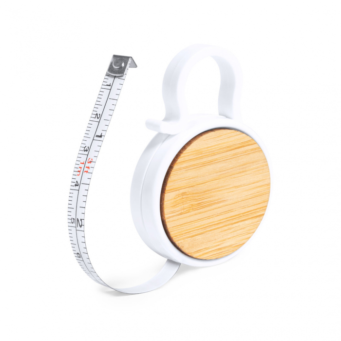 Flexómetro Lusim 1m en resistente ABS blanco, con detalle en bambú en el cuerpo y anilla de transporte. Flexómetros promocionales personalizados. Regalos de empresa y corporativos personalizados