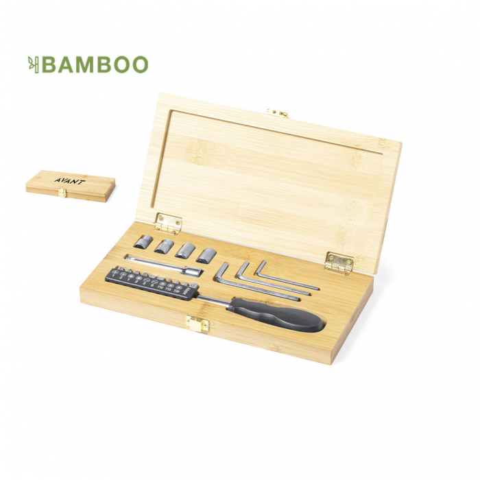 Set Herramientas Raylok de línea nature, presentado en resistente caja de bambú con cierre metálico. Sets herramientas promocionales personalizadas. Regalos de empresa y corporativos personalizados