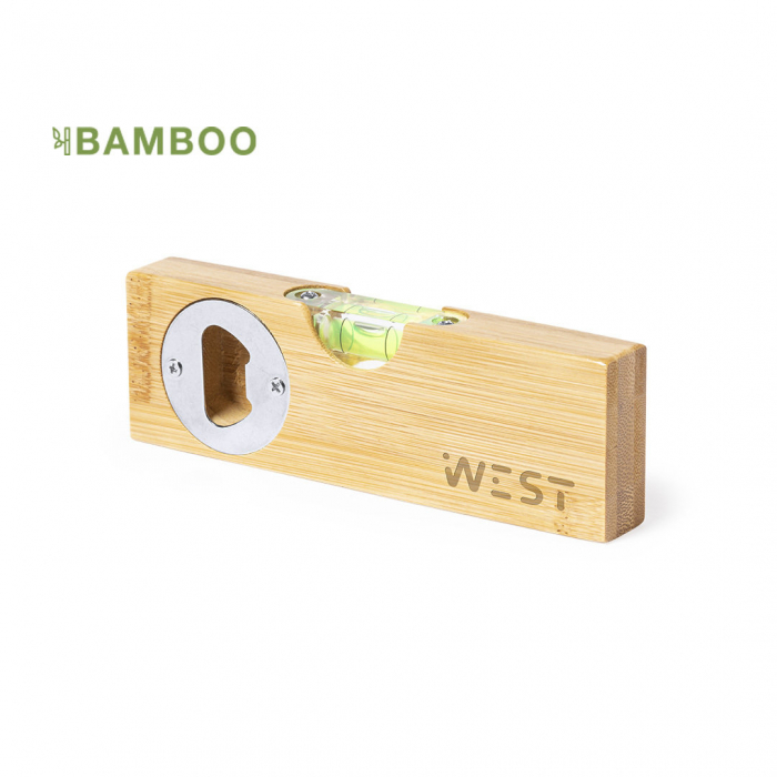 Nivel Abridor Nudok de línea nature fabricado en bambú, con abridor metálico integrado. Niveles promocionales personalizados. Regalos de empresa y corporativos personalizados