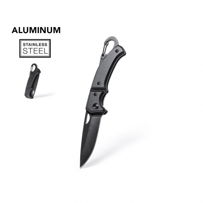 Navaja Datrak con hoja en acero inox de acabado negro y resistente empuñadura a juego en aluminio. Navajas promocionales personalizadas. Regalos de empresa y corporativos personalizados