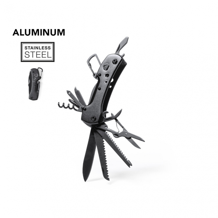 Navaja Multiusos Komit con accesorios en acero inox de acabado negro y resistente empuñadura a juego en aluminio. Navajas promocionales personalizadas. Regalos de empresa y corporativos personalizados