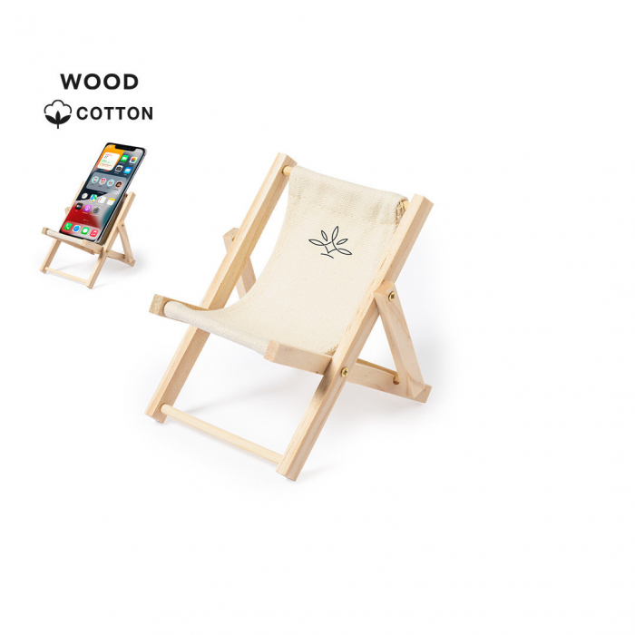 Soporte Medrus Original para smartphone plegable, con estructura fabricada en madera y tela en 100% algodón de acabado natural. Soportes para móviles promocionales personalizados. Regalos de empresa y corporativos personalizados