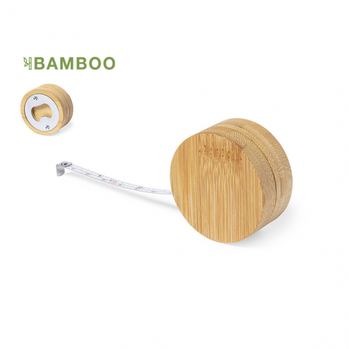 Flexómetro Abridor Sitong 1m de línea nature fabricado en bambú, con abridor metálico integrado. Flexómetros promocionales personalizados. Regalos de empresa y corporativos personalizados