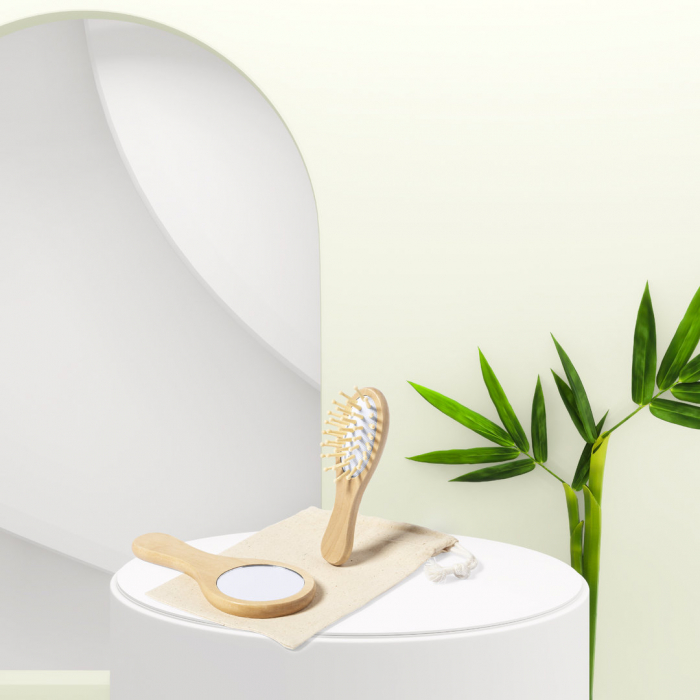 Set Dianex e espejo y cepillo, fabricados en madera natural. Sets cuidado personal promocionales personalizados. Regalos de empresa y corporativos personalizados